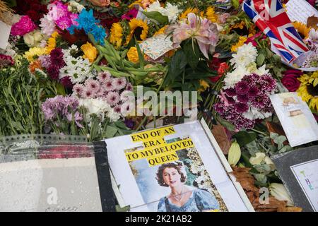 13.. September 2022, Trauernde geben Queen Elizabeth II Tribute in einem Memorial Garden im Green Park, London, nachdem sie friedlich bei der Balmoral ag starb Stockfoto