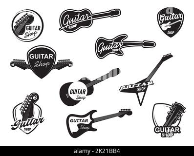 Elektrische und akustische Gitarre Musikinstrumente Shop Icons. Musikausrüstungsgeschäft, Wartungs- und Reparaturservice Werkstatt monochrome Vektor-Symbole mit E-Gitarre und Pick-Symbole Stock Vektor