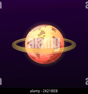 Galaxienplanet mit vielen Ringen, Vektor-Raumglobus, leuchtend orange Kugel im Universum. Fantasy UI Spiel Objekt auf schwarzem Hintergrund isoliert. Astronomie Wissenschaft Bildung, abstrakter Planet im tiefen Raum Stock Vektor