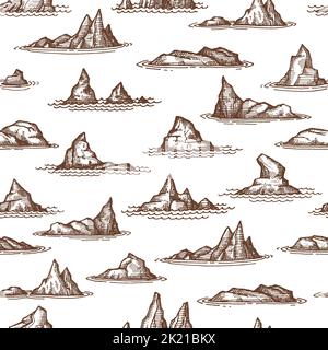 Felsen Ausreiser, Riffe und Untiefen nahtlosen Muster, Vektor-Hintergrund. Meeresriffe oder Inselsteine und Strandfelsen mit Küstenklippen und Bergen in Wasserwellen, Skizze monochromes Muster Stock Vektor