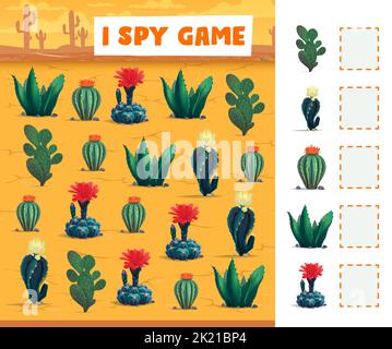 Cactuses in mexikanischer Wüste Ich Spion Spiel Vektor Arbeitsblatt. Zählen Sie Bildung Puzzle, Rätsel oder Quiz auf Cartoon-Hintergrund der Naturlandschaft mit opuntia, Aloe und Consolea, Sukulenten Pflanzen und Blumen Stock Vektor