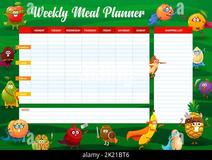 Cartoon fröhliche Früchte Superhelden und Verteidiger Charaktere. Zeitplan für die wöchentliche Speiseplanung. Diätorganisator Checkliste mit Apfel, Kaffee und Birne, Kürbis, Walnuss, Granatapfel und Kiwi Helden Persönlichkeiten Stock Vektor