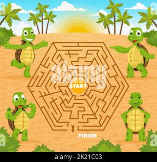 Labyrinth Labyrinth Labyrinth Spiel. Hilfe Cartoon Schildkröten, um Ausgang zu finden. Niedliche Schildkröte Tierfiguren auf Kinder Puzzle Vektor Arbeitsblatt, Kinder spielen Aktivität. Kind pädagogisches Spiel mit lustigen Schildkröten Persönlichkeiten Stock Vektor