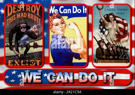 US-Plakate, die während des Zweiten Weltkriegs gedruckt wurden Stockfoto