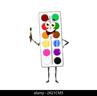 Cartoon niedlichen Aquarell Aquarell Charakter. Isolierte Vektorfarben Box mit Pinsel, kreative Persönlichkeit. Bunte Künstler Palettenetui mit verschiedenen Farben. Kunstunterricht für Kinder Stock Vektor
