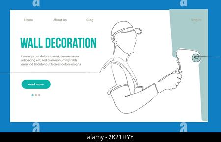 Hausreparaturkonzept. Zielseite Der Website. Arbeiter In Der Werkstatt Machen Arbeiten Aus House. Cartoon-Figuren Malen Sie Wände Und Setzen Fliesen. Vektorgrafik Für Lineare Umrisse. Stock Vektor