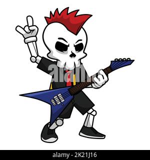 Skull Metal Gitarrist hebt die Hände, während er E-Gitarre bei Einem Konzert spielt. Cartoon-Illustration Zum Schädel. Stock Vektor