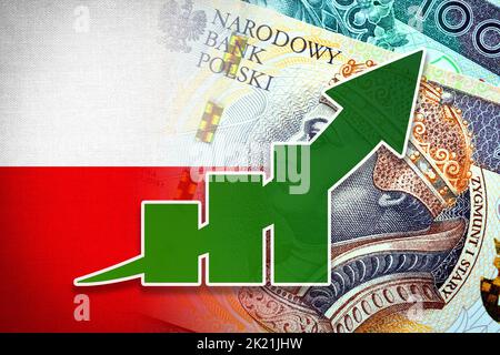 Wirtschaftsdiagramm: Steigender Pfeil, polnische złoty-Geldscheine und polnische Flagge (Geld, Wirtschaft, Unternehmen, Finanzen, Inflation, Krise) Stockfoto