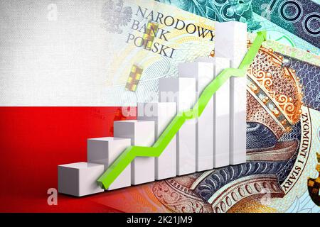 Wirtschaftsdiagramm: Steigender Pfeil, polnische złoty-Geldscheine und polnische Flagge (Geld, Wirtschaft, Unternehmen, Finanzen, Inflation, Krise) Stockfoto