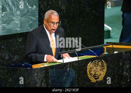 New York, USA. 21. September 2022. José Maria Pereira Neves, Präsident der Republik Cabo Verde, spricht über die Generaldebatte der Generalversammlung der Vereinten Nationen 77.. Kredit: Enrique Shore/Alamy Live Nachrichten Stockfoto