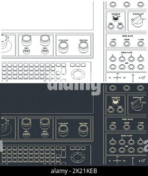 Stilisierte Vektor-Illustrationen von Zeichnungen der CNC-Bedienkonsole aus nächster Nähe Stock Vektor