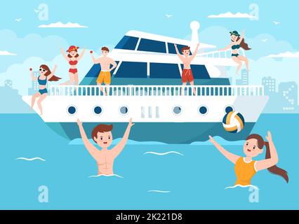 Yachten Vorlage Handgezeichnete Cartoon flache Illustration mit Menschen Tanzen, Sonnenbaden, Cocktails trinken und entspannen auf der Kreuzfahrt-Yacht am Ozean Stock Vektor