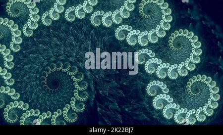 Verträumte Tiefsee Grüne Fraktale Nautilus Spiralen Hintergrund. Skurrile verschwommene blaugrüne Kegelmuschel abstraktes Seeskape Render. Stockfoto