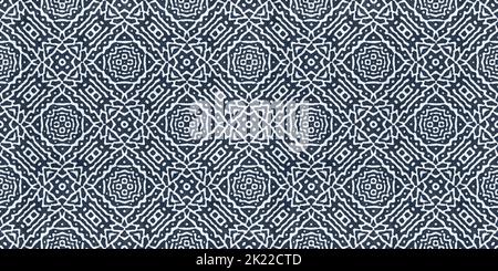 Nahtloses Tribal Ethnic Indigo Blue Batik-Oberflächenmuster auf rauem Leinen, ein trendiges, zeitgemäßes, kachelbares, abstraktes, geometrisches Shibori-Textil für Stockfoto