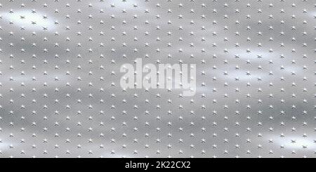 Sternförmig verzinkter Stahl nahtlose Blechstruktur. Metallisch gebürstete Aluminiumplatte mit eingeprägten Sternen-Nieten-Mustern. 8K hochauflösende Matte Stockfoto
