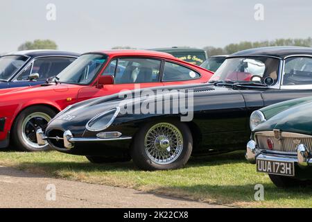 1963 Jaguar E-Typ im Bicester Heritage Centre, sonntagskraxelevent, Oxfordshire, England Stockfoto