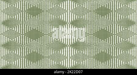 Batik geometrisches Harlekin-Muster mit nahtloser Wiederholung auf strukturiertem Leinen mit Boho-Struktur in Salbeigrün und natürlichem Weiß. Ein Mode- oder Interieurdesign Stockfoto