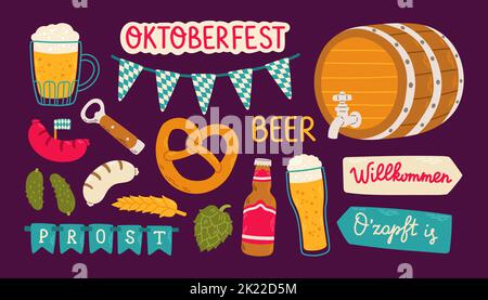 Oktoberfest Set flaches Design isoliert dunklen Vektor Stock Vektor