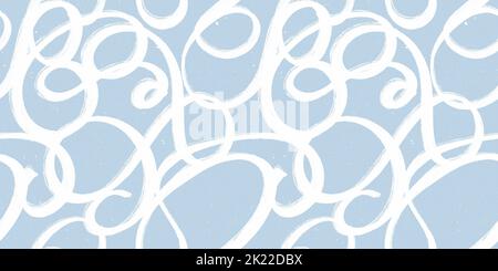 Seamless Freestyle Handgezeichnete malerische Pinselstreicheln modernes abstraktes Graffiti Scribble Doodle-Muster in hellblau und weiß. Baby Boy nautisches Thema Stockfoto