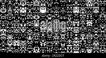 Nahtlose schwarz-weiße abstrakte 8-Bit-Retro-geometrische Pixelmuster Formen. Monochrome Raumeindringlinge, Monster, Aliens, Roboter und Raumschiffe, Spaß Stockfoto