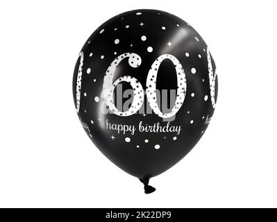 Schwarzer 60 Jahre Geburtstagsballon mit Textdruck Happy Birthday auf weißem Hintergrund Stockfoto