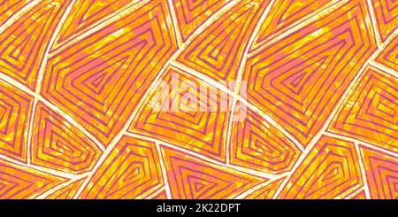 Nahtlose abstrakte verspielte handbemalte geometrische Geodentestein-Scheiben-Muster in einem hellen orange, rosa und gelben Dopamin Dressing Stil. Hoch Stockfoto