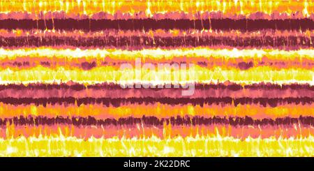 Nahtloses, handgemaltes, locker gesprenkeltes Aquarell-Tie-Farbstoff Ombre Shibori Streifen-Muster in einem leuchtend orangefarbenen, rosa und gelben Dopamin-Dressing. Hig Stockfoto