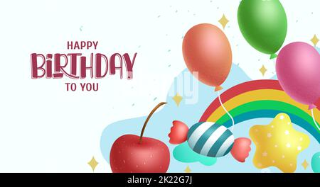 Alles gute zum Geburtstag Gruß Text Vektor-Design. Geburtstagsballons, Süßigkeiten und Regenbogen-Elemente für bunte Kinder Geburtstagfeier. Vektorgrafik Stock Vektor