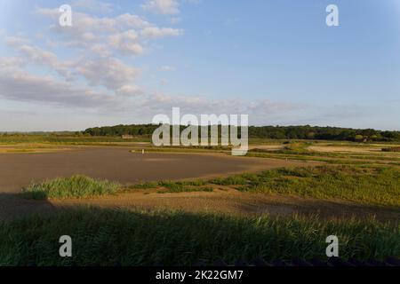 Blick aus dem Osten Verstecken des nach Dürre ausgetrockneten Kratzrestes, RSPB Minsmere Nature Reserve, Suffolk, England, August 2022 Stockfoto