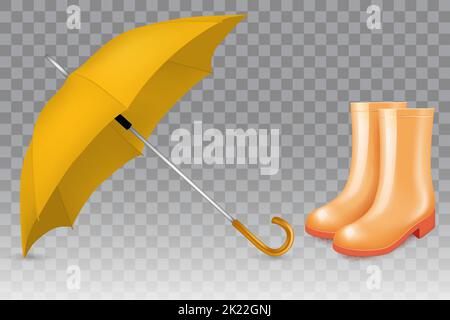 Vector realistische gelbe Regenschirm und Gummistiefel Stock Vektor