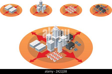 Isometrisches Stadtbild-Urbanisierungskonzept. Erweitert der Stadt. vektor-Illustration Stock Vektor