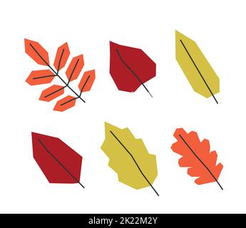 Vektor-isoliertes Illustrationsset mit flachen botanischen Elementen. Geometrische Symbole der herbstlichen Natur - Zweige der Blätter. Einrichtung in Rot, Orange und Gelb Stock Vektor