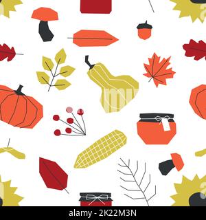 Vektor nahtloses Muster mit flachen botanischen Elementen. Geometrische Symbole von Herbstpflanzen, Gemüse und Lebensmitteln - Kürbisse, Pilze, Marmelade und Nüsse. B Stock Vektor