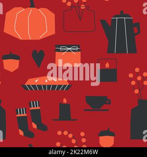 Vektor-Nahtloses Muster mit flachen Herbstelementen. Gemütliche Herbstsymbole wie Kürbiskuchen, Kerzen, Marmelade und Socken haben geometrische Formen. Tapete hat Minima Stock Vektor