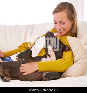 Hes ist die treueste Freundin, die man sich nur wünschen kann. Eine attraktive junge Frau streichelst ihren Hund auf dem Sofa. Stockfoto