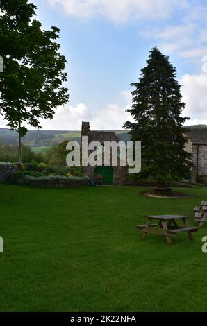 Schöne Aussicht auf das Kloster Marrick Priory und die Ruinen im Frühling. Stockfoto