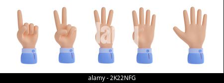 3D Render, Finger zählen, Handsatz zählt von eins bis fünf. Kommunikation, Konzept der Zahlengesten, eins, zwei, drei, Vier, fünf isolierte Illustration auf weißem Hintergrund in Cartoon-Kunststoff-Stil Stockfoto