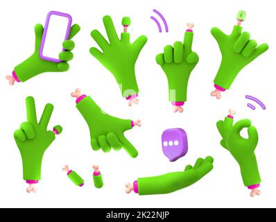 Zombie Hands 3D Render Set, grüne Monster Charakter Handgesten, lustige grüne Halloween Personage Finger mit Knochen halten mobil, ok, zeigen, Stein, isolierte Illustration in Cartoon-Kunststoff-Stil Stockfoto