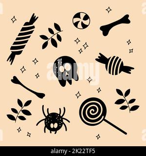 Halloween Silhouetten Knochen Süßigkeiten Lutscher Schädel und Spinne Stock Vektor