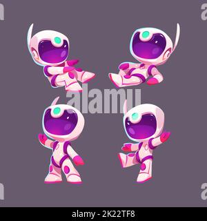 Nette Astronaut in verschiedenen Posen isoliert auf dem Hintergrund. Vector Cartoon Set von kleinen Spaceman in Anzug und Helm. Maskottchen im Raumanzügen liegend, sitzend, wandelend und winkend Stock Vektor