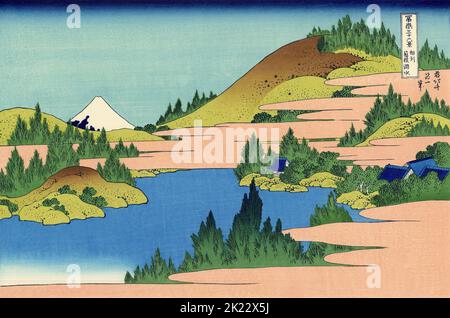Japan: ‘Hakone-See in der Provinz Sagami“. Ukiyo-e Holzschnitt aus der Serie ‘Thirty-Six views of Mount Fuji’ von Katsushika Hokusai (31. Oktober 1760 - 10. Mai 1849), 1830. ‘Thirty-Six Views of Mount Fuji’ ist eine Serie von Holzschnitten der japanischen Künstlerin Katsushika Hokusai, die „Sukiyo-e“ ‘. Die Serie zeigt den Fuji in unterschiedlichen Jahreszeiten und Wetterbedingungen an verschiedenen Orten und Entfernungen. Es besteht tatsächlich aus 46 Drucken, die zwischen 1826 und 1833 entstanden sind. Die ersten 36 wurden in die ursprüngliche Publikation aufgenommen und aufgrund ihrer Popularität kamen 10 weitere hinzu. Stockfoto