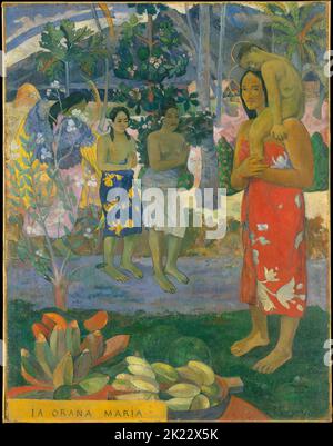 Tahiti: 'Ia Orana Maria' (Ave Maria). Öl auf Leinwand von Paul Gauguin (7. Juni 1848 - 8. Mai 1903), 1891. Paul Gauguin wurde 1848 in Paris geboren und verbrachte einen Teil seiner Kindheit in Peru. Er arbeitete als Börsenmakler mit wenig Erfolg und litt an schweren Depressionen. Er malte auch. 1891 segelte Gauguin, frustriert durch mangelnde Anerkennung zu Hause und finanziell mittellos, in die Tropen, um der europäischen Zivilisation und "allem, was künstlich und konventionell ist" zu entkommen. Seine Zeit dort, vor allem in Tahiti und den Marquesas-Inseln, war das Thema von großem Interesse. Stockfoto