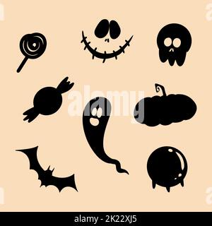 Halloween Silhouetten Schädel Geist Fledermaus Kristall Kugel Kürbis Süßigkeiten Lollipop Stock Vektor