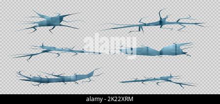Bodenrisse png Set isoliert auf transparentem Hintergrund. Realistische Vektordarstellung von Erdbebenlöchern, beschädigter Landoberfläche, zerkleinerten oder ruinierten Strukturen. Zerstörung nach einer Naturkatastrophe Stock Vektor