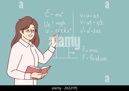 Lächelnde Lehrerin, die in der Nähe der schwarzen Tafel steht und während der Unterrichtsstunde in der Schule spricht. Glückliche Frau Tutor führen Mathe-Klasse für Schüler. Bildung. Vektorgrafik. Stock Vektor