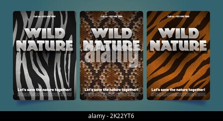 Set mit Flyern zum Schutz der wilden Natur. Sammlung von kreativen Postern mit realistischem Zebra-, Schlangen- und Tigerhaut-Texturdesign. Kampagne zum Schutz exotischer Tiere und Wildtiere. Vektorgrafik Stock Vektor