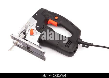 Elektrische Spannsägemaschine isoliert auf weißem Hintergrund Stockfoto