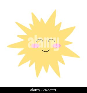 Handgezeichnetes Sonnensymbol mit glücklichen Gesichtes. Cartoon-Vektor-Illustration von Sonnenschein, girly Aufkleber, flachen Stil. Stock Vektor