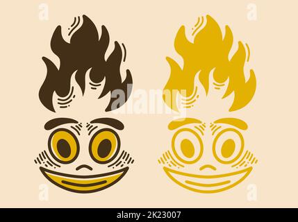 Lächelndes Gesicht mit Feuerflamme auf dem Retro Vintage Line Art Design Stock Vektor