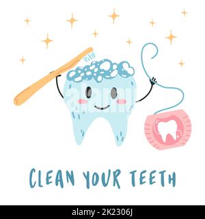 Kinderposter mit Zahncharakter, Zahnbürste, Zahnseide im Cartoon-Flat-Stil. Vektor-Illustration der Zahnreinigung Prozess mit Text, Zahnpflege Co Stock Vektor